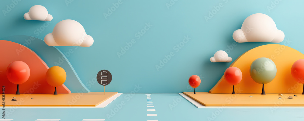 Leinwandbilder minimal 3d render of colorful landscape with trees and clouds, featuring road and hills. design is f