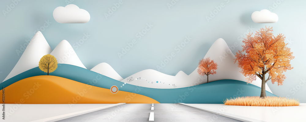 Poster minimal 3d render of scenic landscape features road leading towards stylized mountains, with colorfu