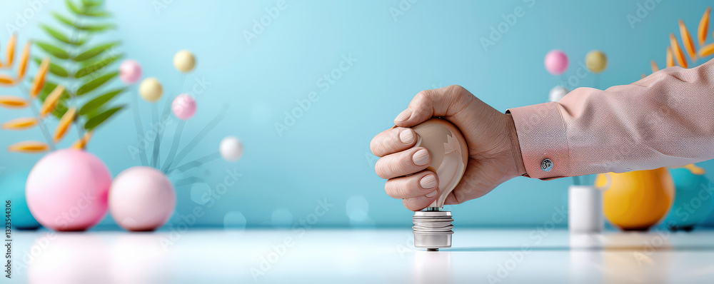 Poster hand holding light bulb against colorful, abstract background with plants and spheres, symbolizing c