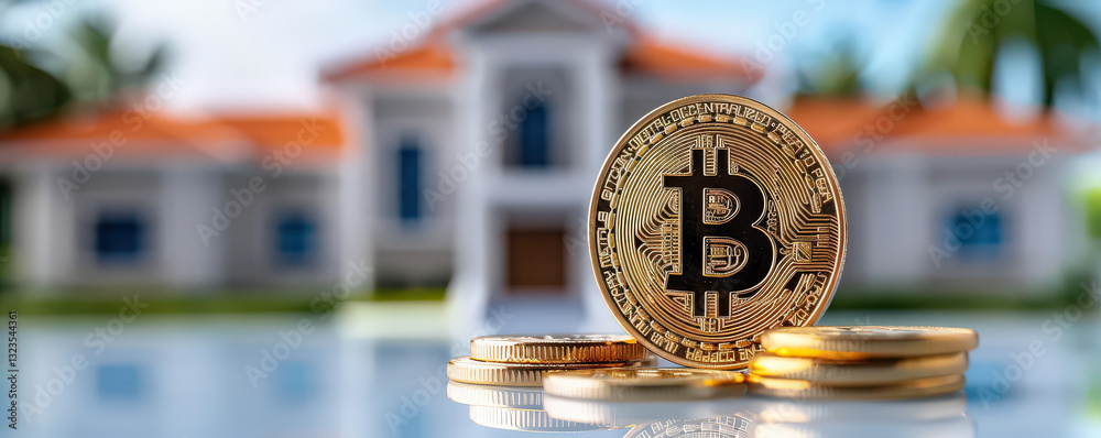 Poster stack of bitcoin coins in front of blurred house background, symbolizing cryptocurrency investment i