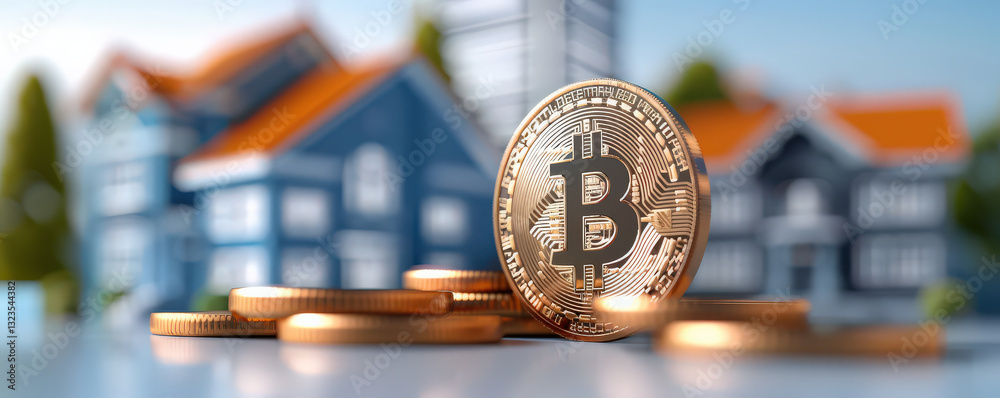 Poster golden bitcoin stands prominently in front of blurred background of houses, symbolizing intersection