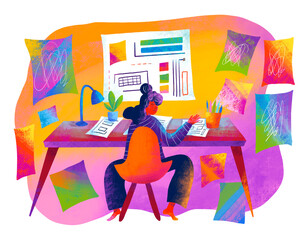 Creative workspace with colorful designs and a focused artist