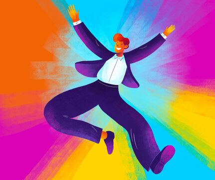 Cheerful man celebrating joyfully in a vibrant color burst