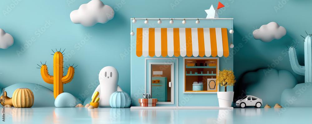 Aufkleber whimsical 3d rendered storefront with striped awning, surrounded by playful elements like ghost figu