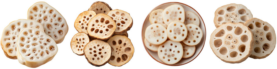 Fototapeta premium Set of a lotus root slices, isolated on transparent background.