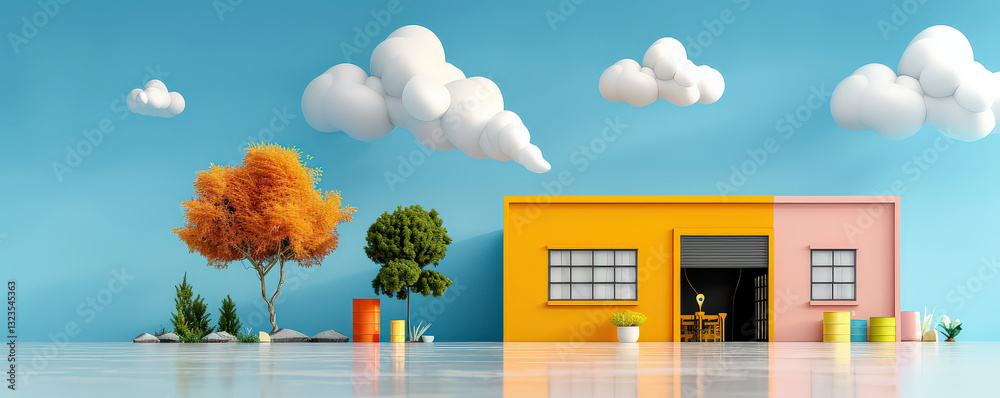 Poster vibrant 3d render of minimalistic industrial building with colorful walls, surrounded by stylized tr