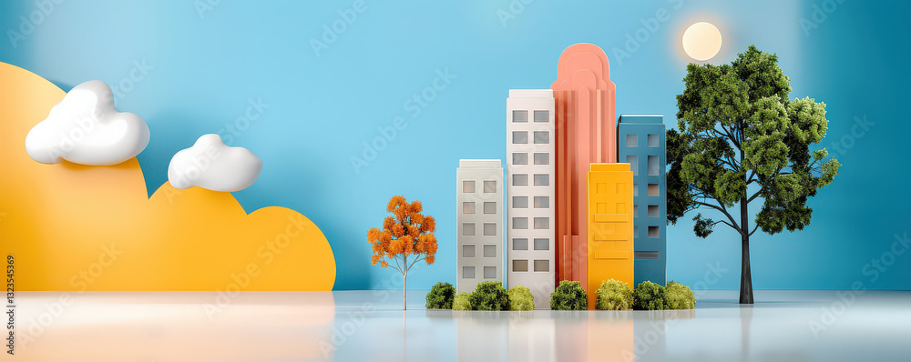 Poster colorful 3D render of minimalistic cityscape with skyscrapers, trees, and clouds under bright sun. design features vibrant colors and flat style, creating playful and modern urban scene