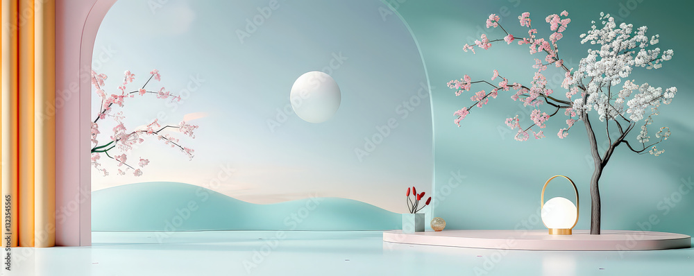 Poster serene minimalistic interior with pastel colors features modern lamp and decorative cherry blossom b