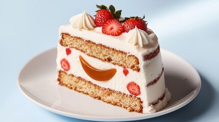 Delicious Slice of Cake Topped with Fresh Strawberry on White Plate