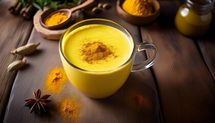 a photo of a mug of golden turmeric latte on a wooden table digital pic