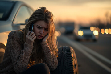 Worried woman calls for help after flat tire on roadside car sad girl phone upset light sunset stress