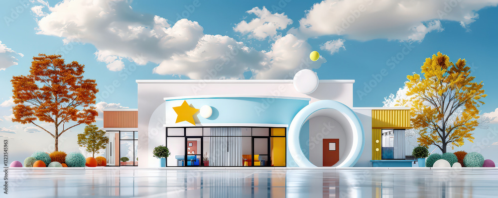 Aufkleber modern factory with minimal 3d render design features flat front view, vibrant colors, and geometric