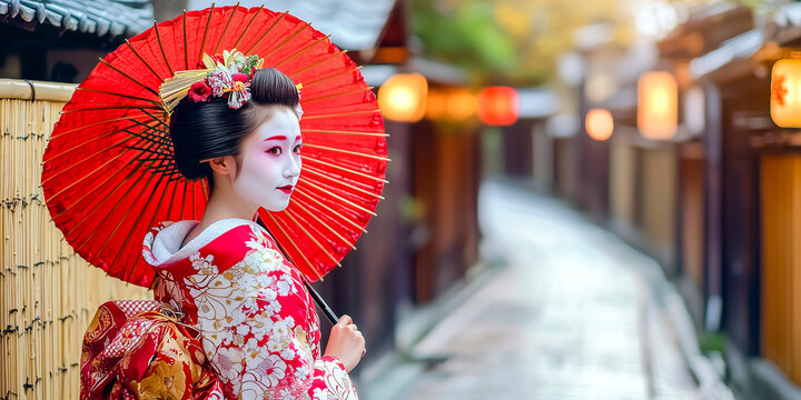 Elegant geisha in traditional kimono with red parasol standing in a picturesque Japanese alley adorned with lanterns - tradition and japanese culture concept