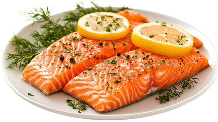 Freshly prepared salmon fillets garnished with lemon slices and herbs on a pristine plate