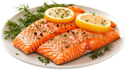 Freshly prepared salmon fillets garnished with lemon slices and herbs on a pristine plate