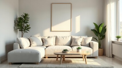Naklejka premium Serene Living Room with Neutral Tones and Natural Light, Featuring a Comfortable Sectional Sofa and Stylish Decor