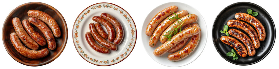 Fototapeta premium Set of a Sausages on a plate, isolated on transparent background.