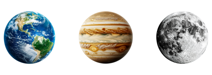 Set of Planet Earth, Moon, and Jupiter Isolated on Transparent Background