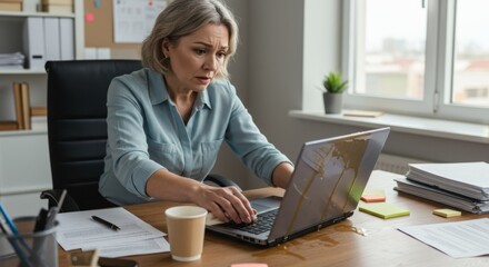 A worried woman wipes spilled coffee from her laptop in an office, showing an unexpected workplace accident and reaction