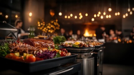 Naklejka premium Festive holiday dinner spread with an elegant table setting mouthwatering gourmet dishes and a cozy intimate atmosphere perfect for a joyful or gathering