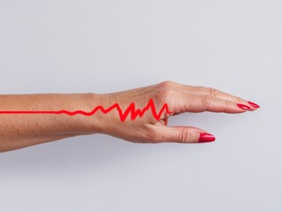 Minimalist Health Tech Futuristic Cardiograph Visualization with Vibrant Red Heartbeat Pulse on Human Hand - Innovative Digital Diagnostics and Wellness Monitoring