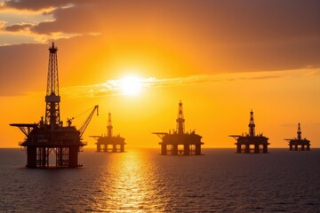 Obraz premium A Stunning Sunset Over an Offshore Oil Rig Complex, Capturing the Industrial Beauty of Energy Extraction in a Coastal Marine Environment