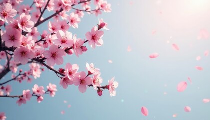 Fototapeta premium Ancient sakura tree branches with scattered pink petals against a soft grayish blue sky, floral, nature