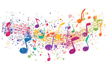Colorful musical notes and paint splatters on a black background, representing music and creativity.