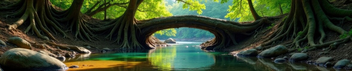Fototapeta premium Ancient tree roots forming a natural bridge over a river, waterway, river entrance