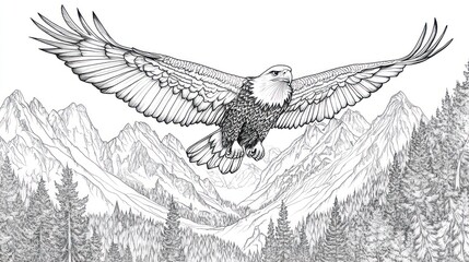 Majestic bald eagle soaring over mountain range. Illustration. Potential use stock photo for nature, freedom, and wildlife themes