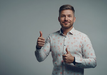 Uśmiechnięty mężczyzna pokazujący gest kciuka w górę na neutralnym tle, pozytywne nastawienie i pewność siebie