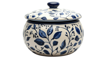 Elegant ceramic container adorned with intricate floral patterns and a navy blue lid