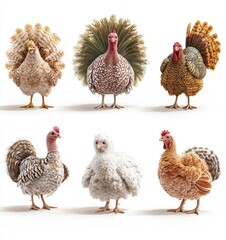 Fototapeta premium Pixel Art Poultry Six Colorful Chickens and Turkeys on White