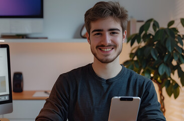 Uśmiechnięty młody mężczyzna trzymający smartfon w nowoczesnym domowym biurze, koncepcja pracy zdalnej i technologii