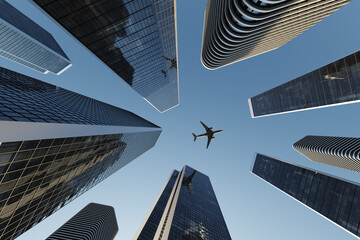 Jet flying in a blue sky above tall skyscarpers in a city
