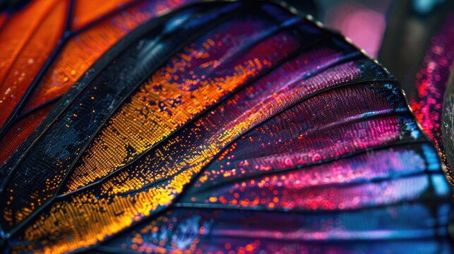 Vibrant iridescent butterfly wing close-up with neon blue, orange, yellow and purple colors revealing microscopic textures
