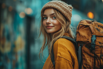 Obraz premium Adventurous woman with backpack in urban setting
