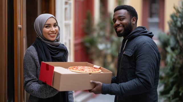 A cheerful black male courier hands a fresh pizza to a smiling woman wearing a hijab at her doorstep. The atmosphere is warm, with colorful buildings and greenery surrounding them