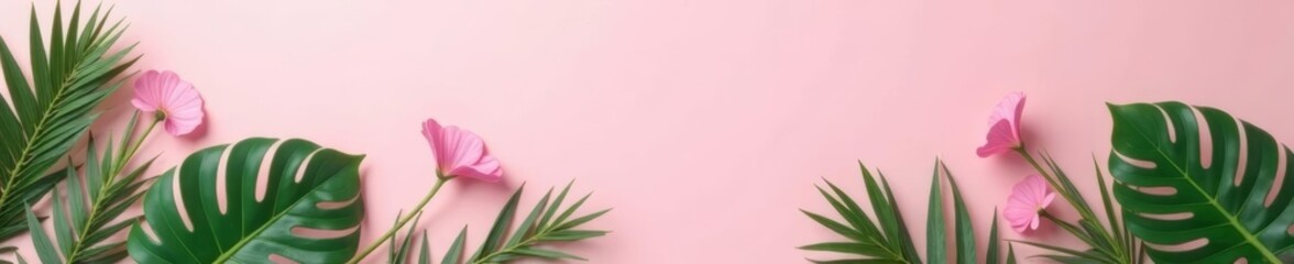 Obraz premium Monstera leaf border on pastel pink background, tropical design element, flat lay photography, design, photography