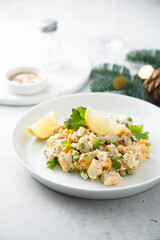 Traditional Russian salad with chicken fillet