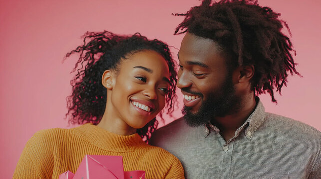 Happy smiling african american couple exchanging gifts romantic love present pink sweet photo image