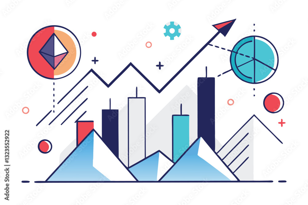 Poster vector illustration showcasing modern data analytics with geometric shapes, graphs, and vibrant colo