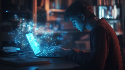 Obraz premium Man typing on laptop, cloud service hologram and devices sync