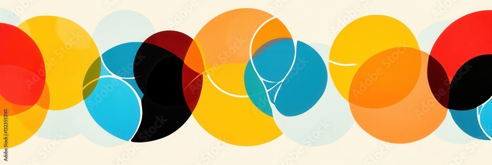 Poster Geometric pattern of interlocking circles in bold primary colors creating a vibrant modern design with a striking visual appeal