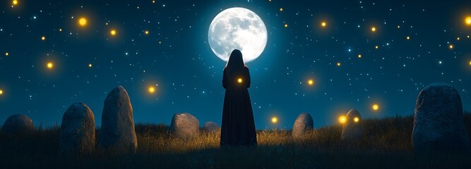 Celestial Embrace: Silhouette of a figure standing amidst ancient standing stones under a luminous full moon.