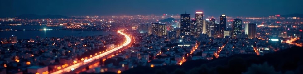 Glowing city skyline at night with shimmering bokeh lights, skyline, cityscape