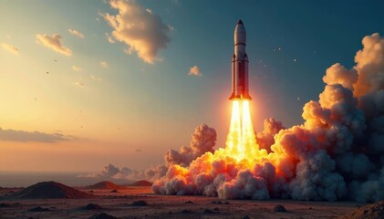 Devastating explosion of a rocket in the sky with debris and smoke scattered around, smoke, fire, debris