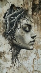 Serene Woman with Tree Roots: A Symbolic Monochrome Artwork