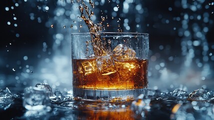 World whiskey day with beverage and glass idea. Splash of whiskey in a glass surrounded by water droplets.