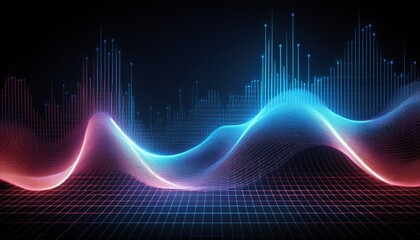Naklejka premium fluctuating vibrant glowing digital waveforms on a black grid background